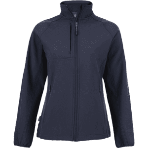A women's softshell jacket in navy blue with a zippered front and pocket. Features a logo on the chest.