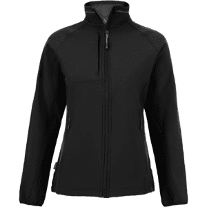 A women's softshell jacket in black with a full zip and zipped pockets, featuring a logo on one side.