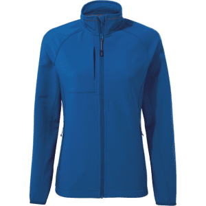 A blue women's softshell jacket with a zip front and multiple pockets, featuring a logo on the chest.