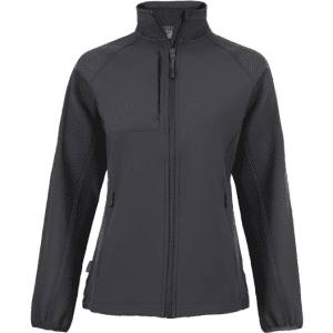 A women's softshell jacket in black with a zip front and two side pockets, featuring a logo on the chest.