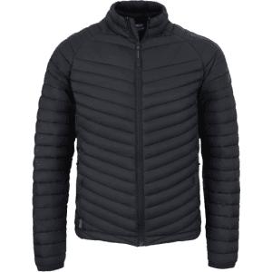 A black puffer jacket with a zip front and horizontal stitching, featuring a logo on the left side.