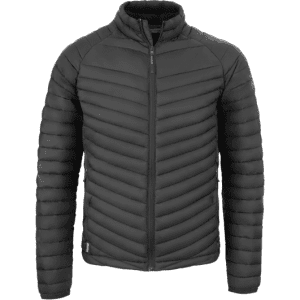 A black puffer jacket with a zip front and chevron pattern, featuring a logo on the left side.