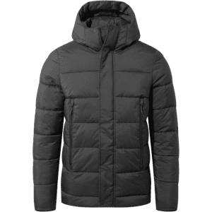 A black puffer jacket with a hood and zippered pockets, featuring a quilted design and a sleek silhouette.