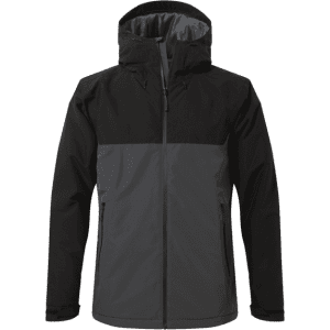 A thermic insulated jacket in black and grey, featuring a hood and zippered pockets. It has a logo on the chest.