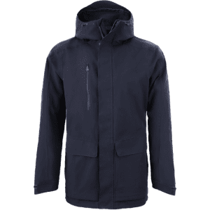 A navy jacket featuring a hood, zippered front pocket, and two large front pockets. It has a logo on it.