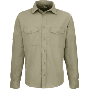 A khaki button-up shirt with a collar, featuring two chest pockets and long sleeves. Includes a logo.
