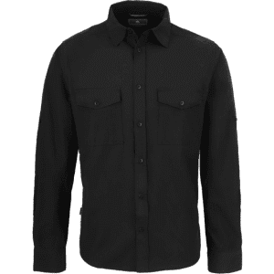 A button-up shirt in black with two chest pockets and a logo on the front.