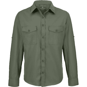 A button-up shirt in olive green with two chest pockets and a logo on the upper area.