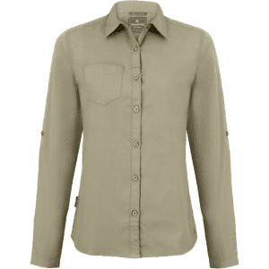 A long-sleeved women's shirt in green, featuring a chest pocket and a button-up front, with roll-up sleeves.