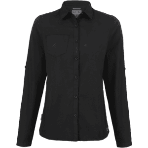 A black long-sleeve women's shirt featuring a button-down front and a chest pocket, with a logo on the side.