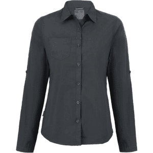 A long-sleeve women's shirt in dark grey, featuring a front pocket and a button-up design with a collar.