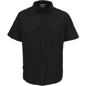 A short-sleeved black shirt featuring two chest pockets and a button-down front, with a logo on the label.