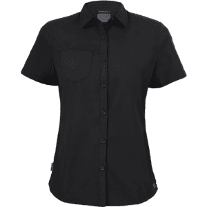 A women's short-sleeve shirt in black, featuring a button-up front and a single chest pocket. It includes a logo.