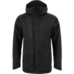 A black rain jacket with a hood, featuring front pockets and a zippered chest pocket. Includes a logo on the design.