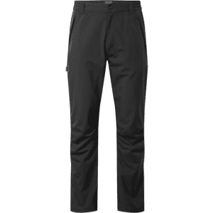 A pair of black waterproof trousers featuring pockets and a logo. Suitable for various outdoor activities.