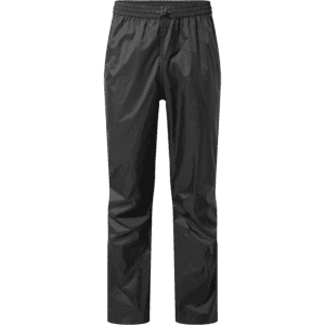 Packable over trousers in black, featuring an elastic waistband and a sleek, lightweight design.