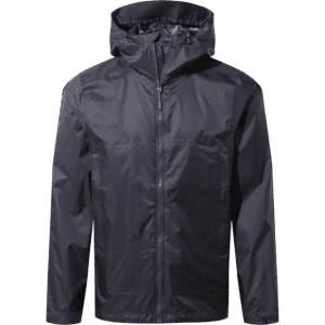A packable jacket in black with a hood, featuring a front zipper and a logo on the chest.