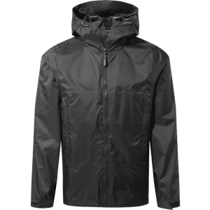 A packable jacket in black, featuring a hood and full front zip, with a logo on the chest.