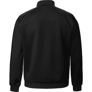 A black hybrid jacket with a high collar and long sleeves, featuring a branding logo.