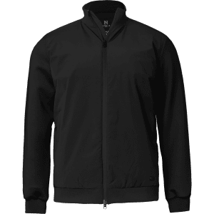A black hybrid jacket featuring a zip front and a collar, with a logo on the chest area.