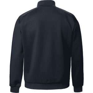 A navy hybrid jacket with a stand-up collar and elasticated cuffs, featuring a logo on the back.
