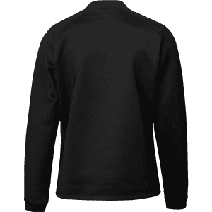 A black hybrid jacket with a plain back, featuring a rounded collar and long sleeves. It has a logo on the back.