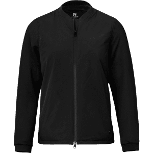 A hybrid jacket in black featuring a simple design and a zippered front, with a logo on the collar.