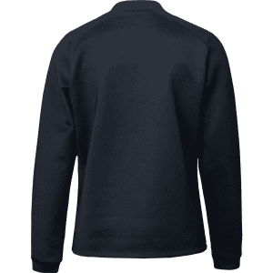 A dark navy hybrid jacket with a simple design and a branding logo on the back.