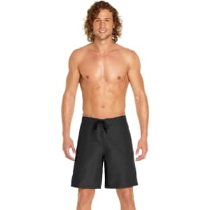 Men's black cargo board shorts with a drawstring waist, featuring a logo on the side. UPF 50+ protection included.