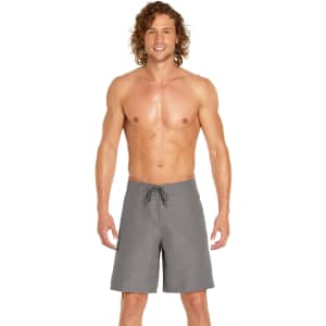 Men's cargo board shorts in grey, featuring a drawstring waistband and a logo, suitable for water activities.