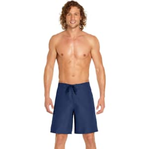 Men's navy cargo board shorts designed with a drawstring waist, featuring a logo. Suitable for outdoor activities.