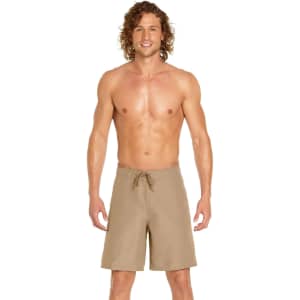Men's cargo board shorts in a tan colour, featuring a drawstring waist and a casual fit.