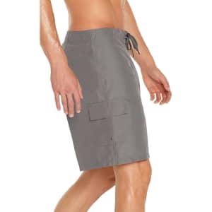 Men's cargo board shorts in grey, featuring a side pocket and an adjustable drawstring waist. Includes branding.