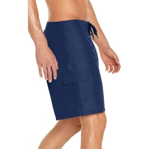 Men's cargo board shorts in navy blue with a side pocket and drawstring waistband, featuring a branded logo.