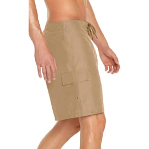 Men's cargo board shorts in khaki, featuring a side pocket and an adjustable waistband. Logo visible.