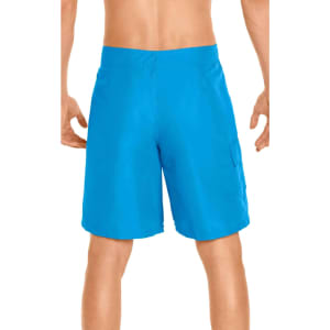 Men's cargo board shorts in bright blue, featuring side pockets and an elastic waistband. The shorts have a logo on them.