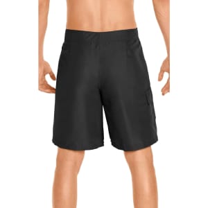Men's cargo board shorts in solid black featuring an elastic waistband and a side pocket. Includes a logo on the back.