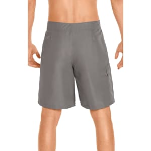 Men's cargo board shorts in grey, featuring a relaxed fit and side pockets. The shorts have a logo on the waistband.
