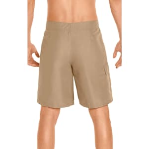 Men's cargo board shorts in tan with an elastic waistband and side pocket, featuring a logo.