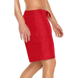 Red men's cargo board shorts with a pocket and a drawstring waist, featuring a logo on the side.