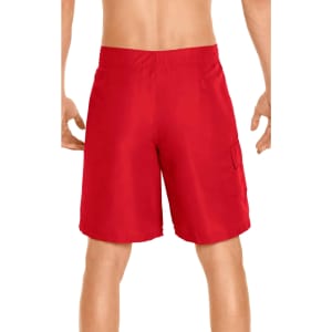 Red men's cargo board shorts with a back view, featuring side pockets and an elastic waistband. Contains a logo.