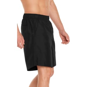 Men's volley swim trunks in black, featuring an elastic waistband and a side pocket, with a logo visible.
