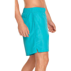 Men's volley swim trunks in bright turquoise, featuring an elastic waistband and side slits for ease of movement.