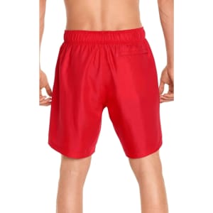 Red men's volley swim trunks with a simple design and elastic waistband, featuring a back pocket.