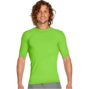 A short sleeve rashie in bright green, featuring a fitted design and a logo on the chest. Perfect for sun protection.