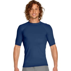 A navy short sleeve rashie with UPF 50+ protection and a fitted style, featuring a logo.