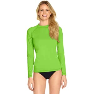 A long-sleeve rashie in bright green, featuring a fitted design and a round neckline. It has a logo on the chest.