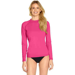 A long sleeve rashie in bright pink, featuring a fitted design and a logo on the sleeve.