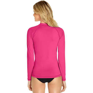 A bright pink long sleeve rashie featuring a high collar and a snug fit, with a logo on the back.