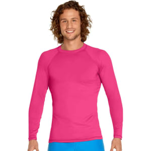 A long sleeve rashie in bright pink, featuring a fitted design and a logo on the chest.